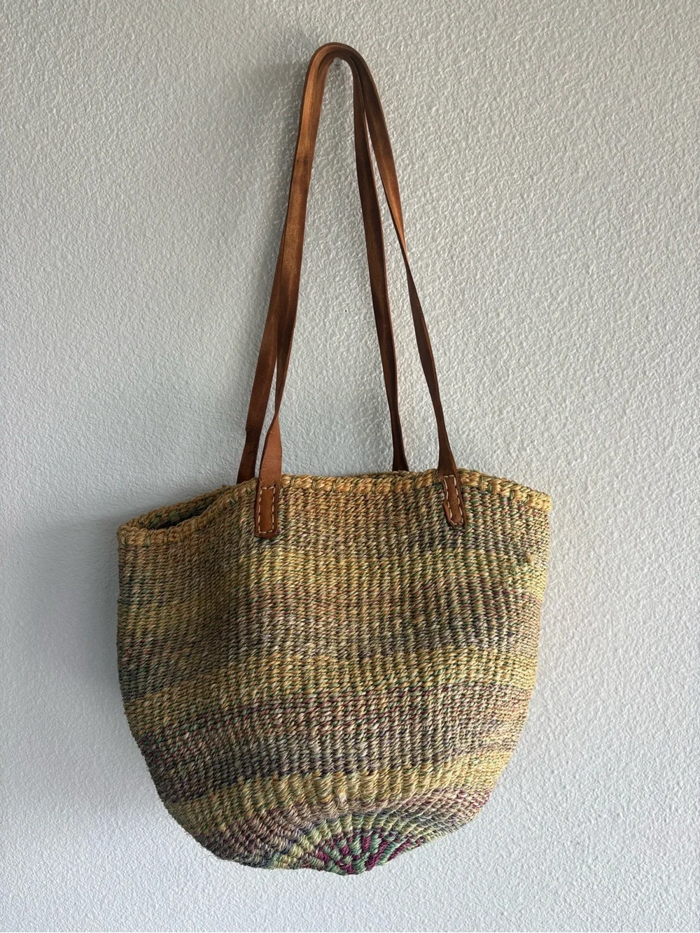 Woven Straw Tote Bag with Brown Leather Straps